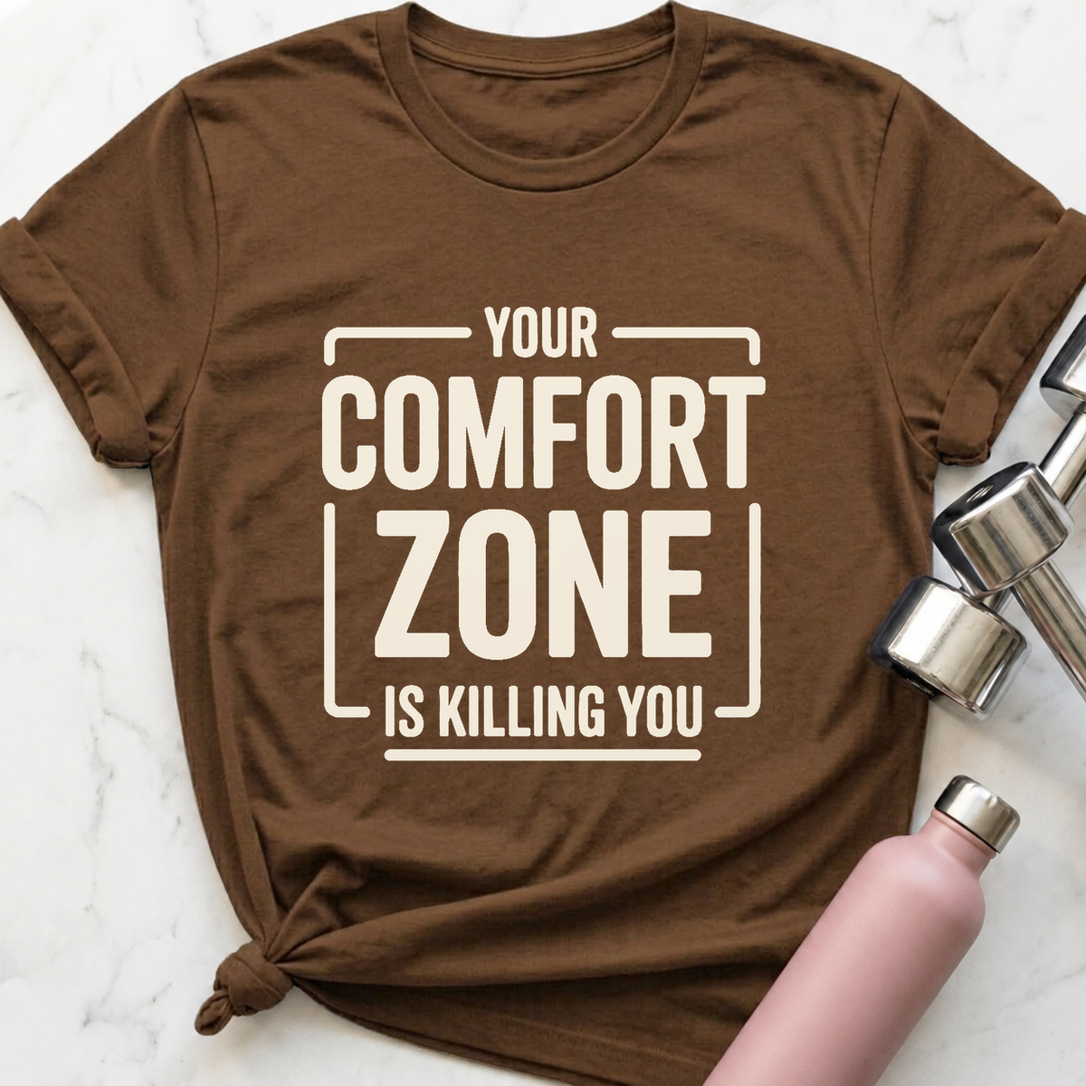 Comfort Zone Warning T-Shirt — Heather Brown