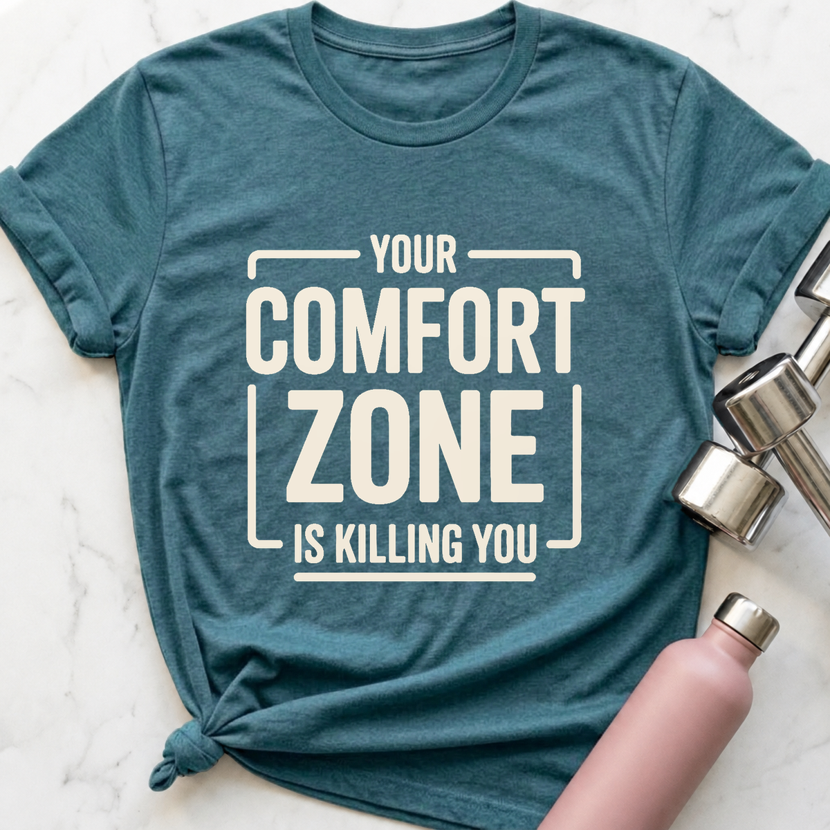 Comfort Zone Warning T-Shirt — Heather Deep Teal