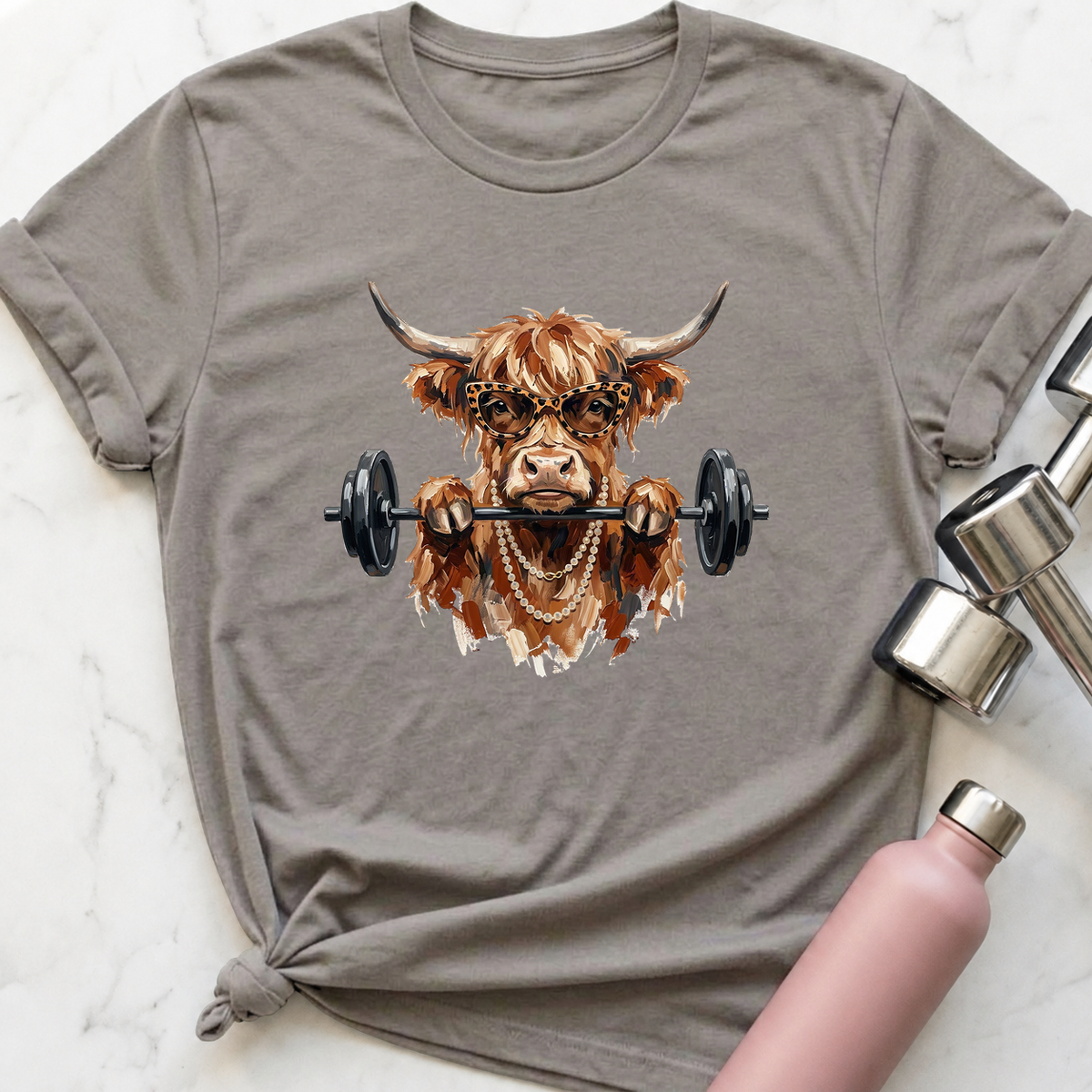 Glam Highland Cow Front Squat T-Shirt — Athletic Heather