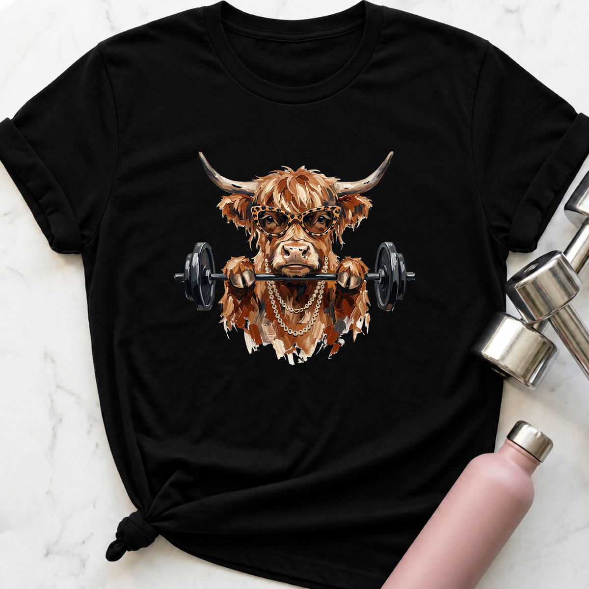 Glam Highland Cow Front Squat T-Shirt — Black