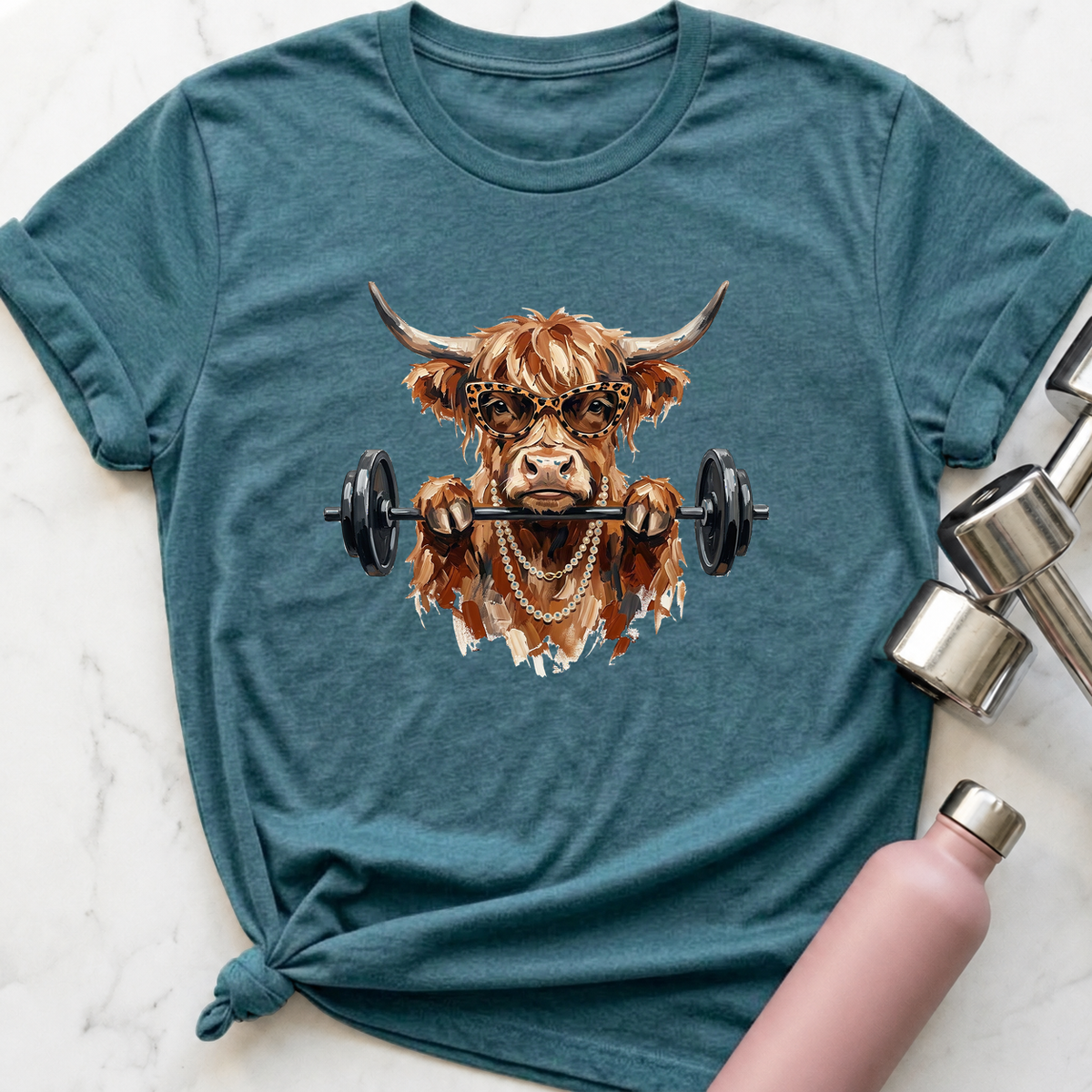 Glam Highland Cow Front Squat T-Shirt — Heather Deep Teal