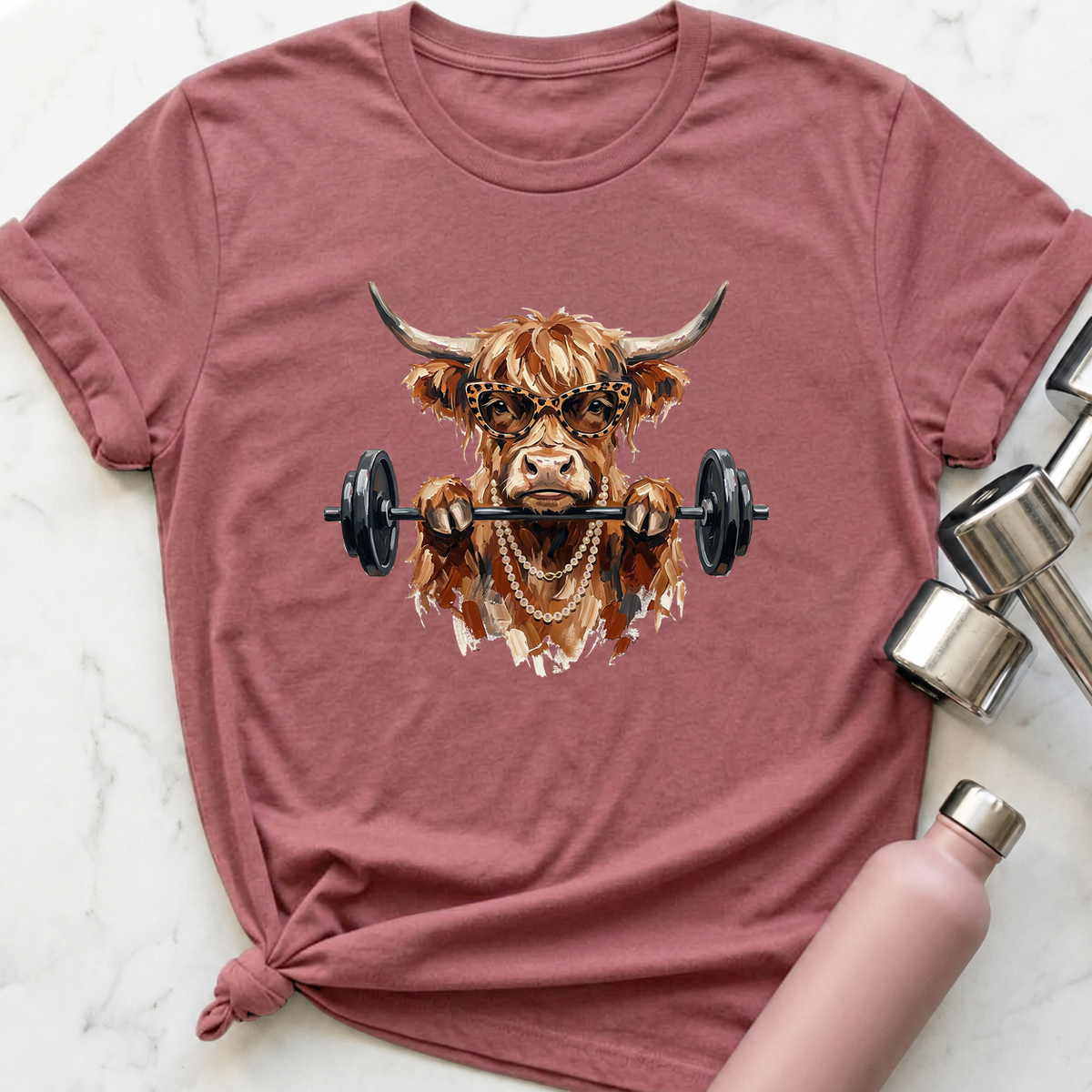 Glam Highland Cow Front Squat T-Shirt — Mauve