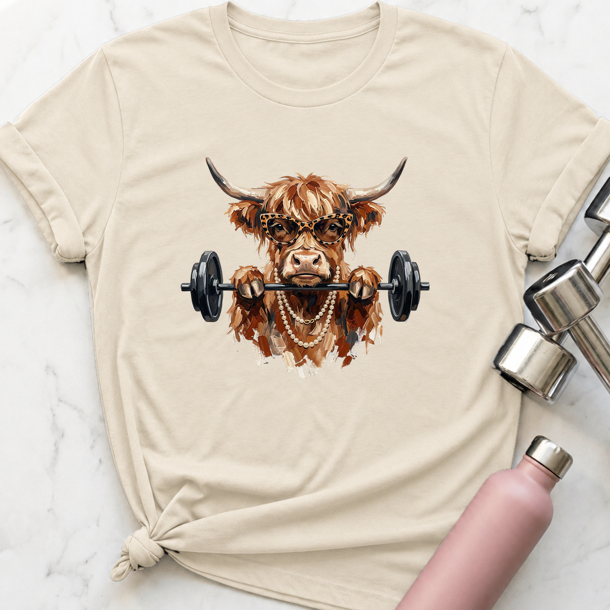 Glam Highland Cow Front Squat T-Shirt — Natural