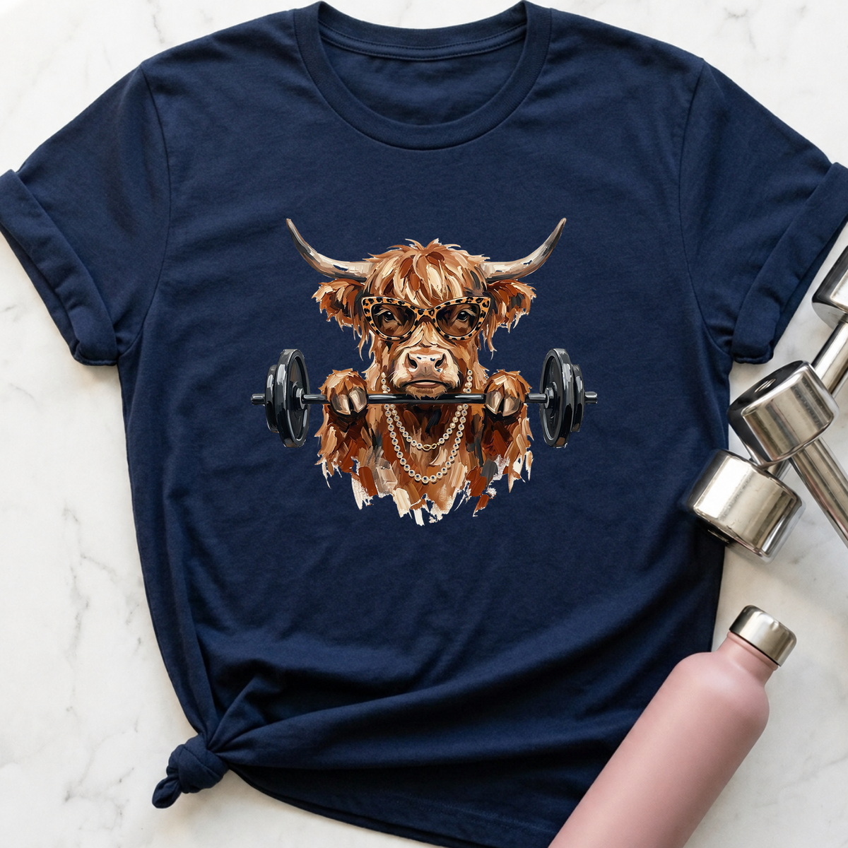 Glam Highland Cow Front Squat T-Shirt — Navy