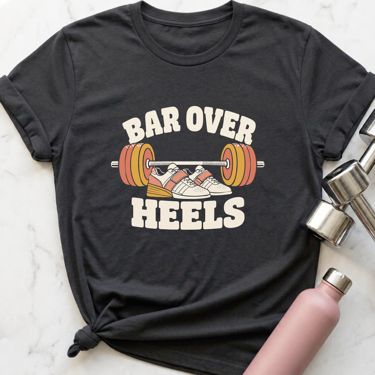 Bar Over Heels Lifting Shoes T-Shirt — Dark Grey Heather