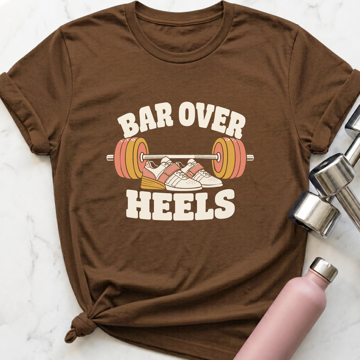 Bar Over Heels Lifting Shoes T-Shirt — Heather Brown