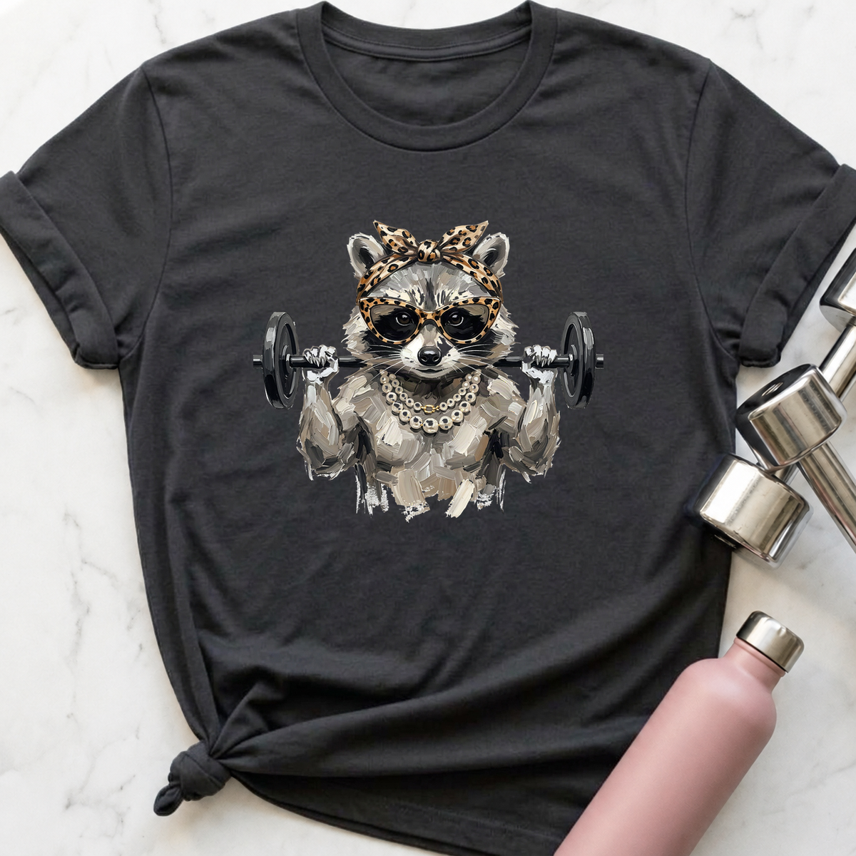 Glam Raccoon Back Squat T-Shirt — Dark Grey Heather
