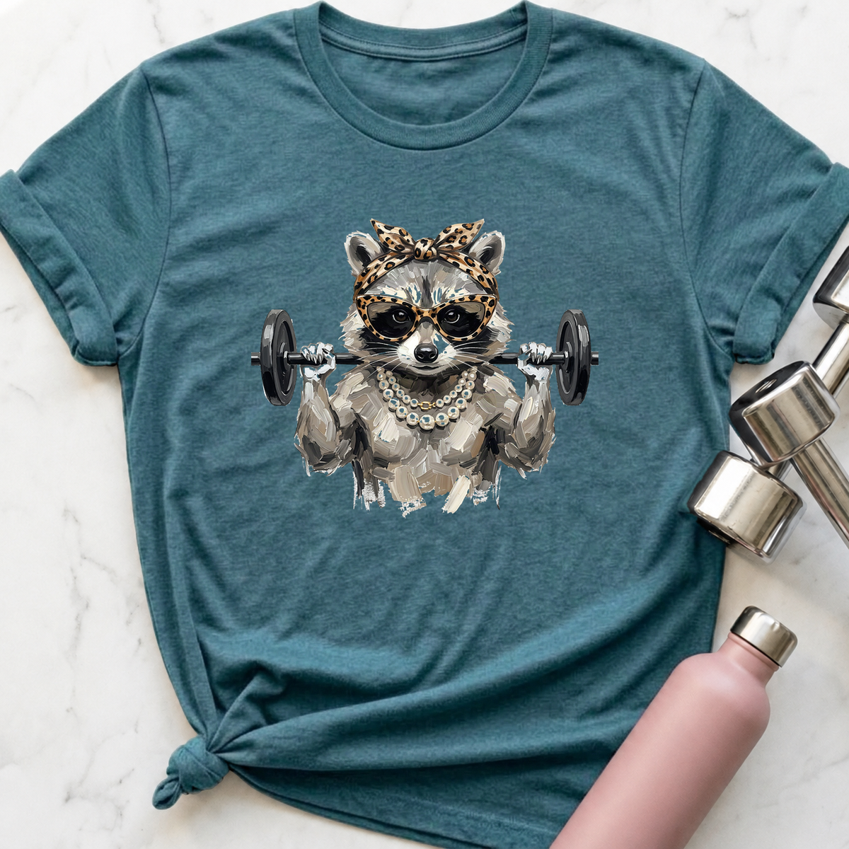 Glam Raccoon Back Squat T-Shirt — Heather Deep Teal