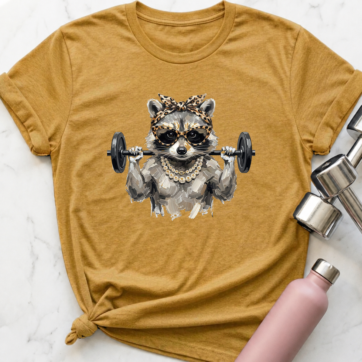 Glam Raccoon Back Squat T-Shirt — Heather Mustard