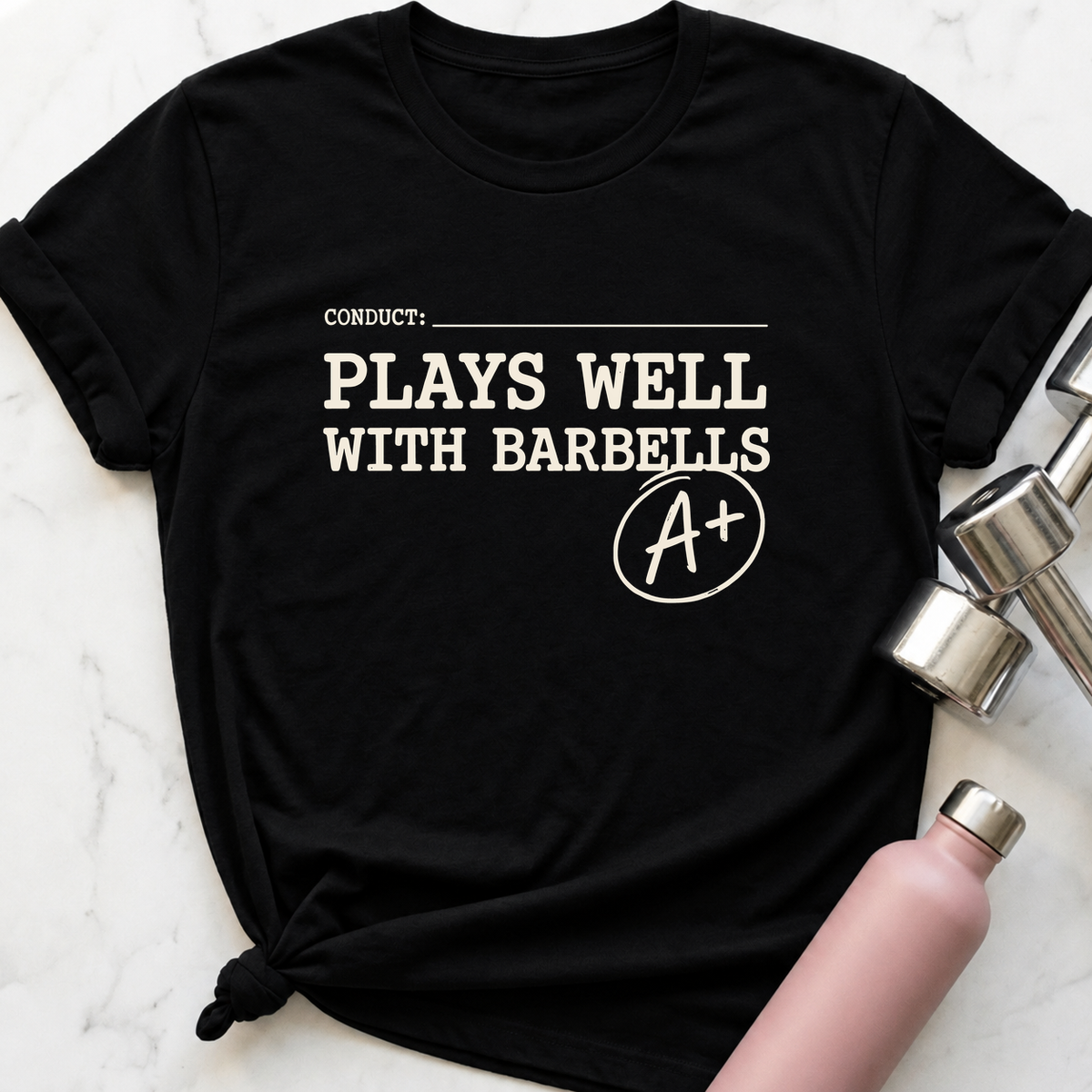 Plays Well With Barbells Report Card T-Shirt — Black