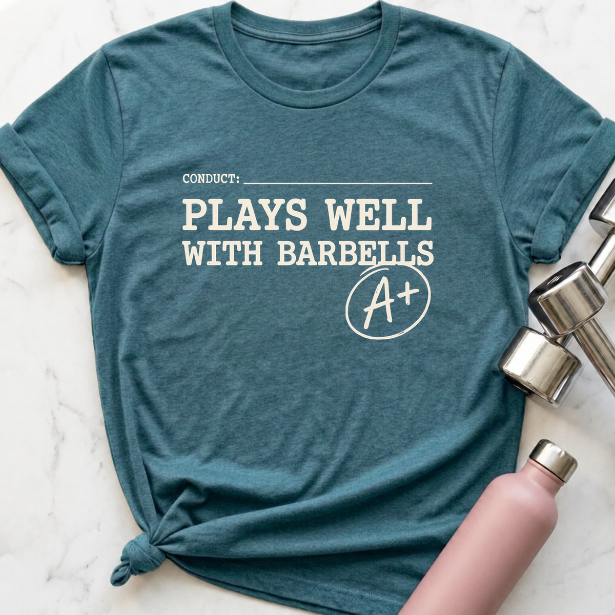 Plays Well With Barbells Report Card T-Shirt — Heather Deep Teal