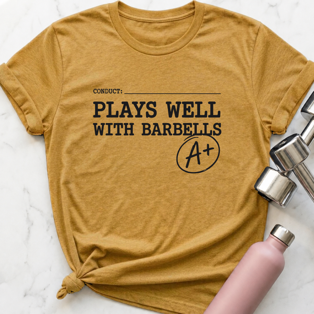 Plays Well With Barbells Report Card T-Shirt — Heather Mustard