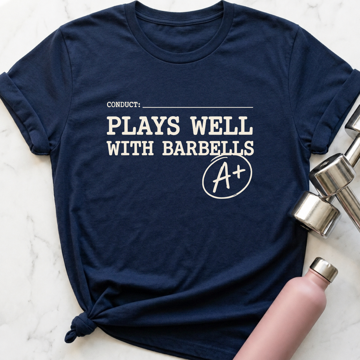 Plays Well With Barbells Report Card T-Shirt — Navy