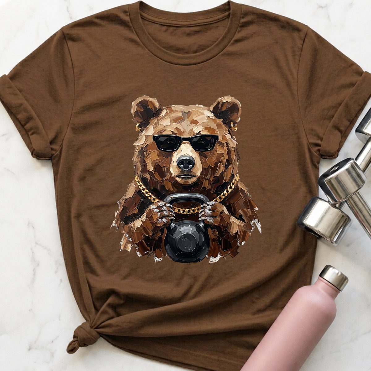 Glam Bear Kettlebell T-Shirt — Heather Brown