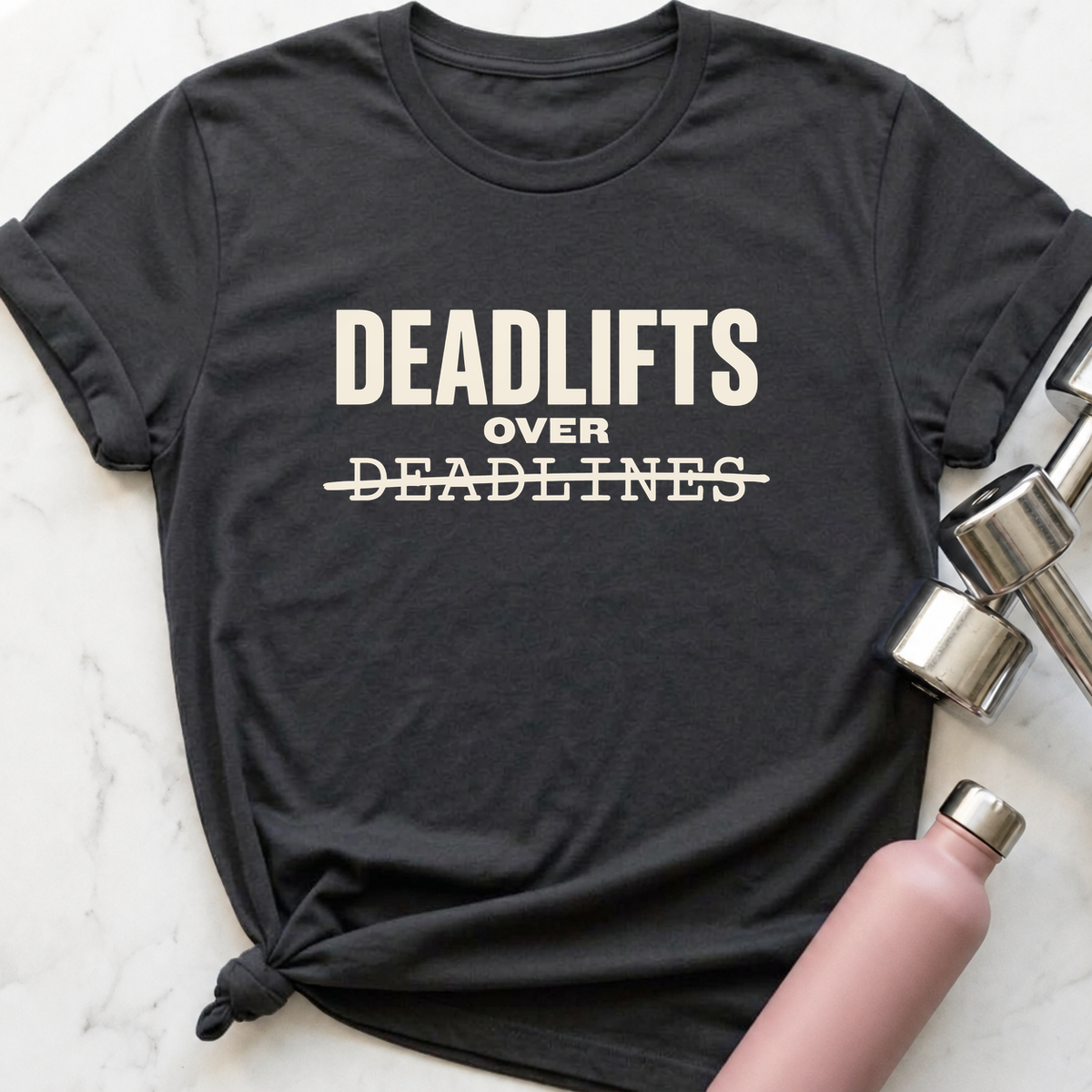 Deadlifts Over Deadlines T-Shirt — Dark Grey Heather