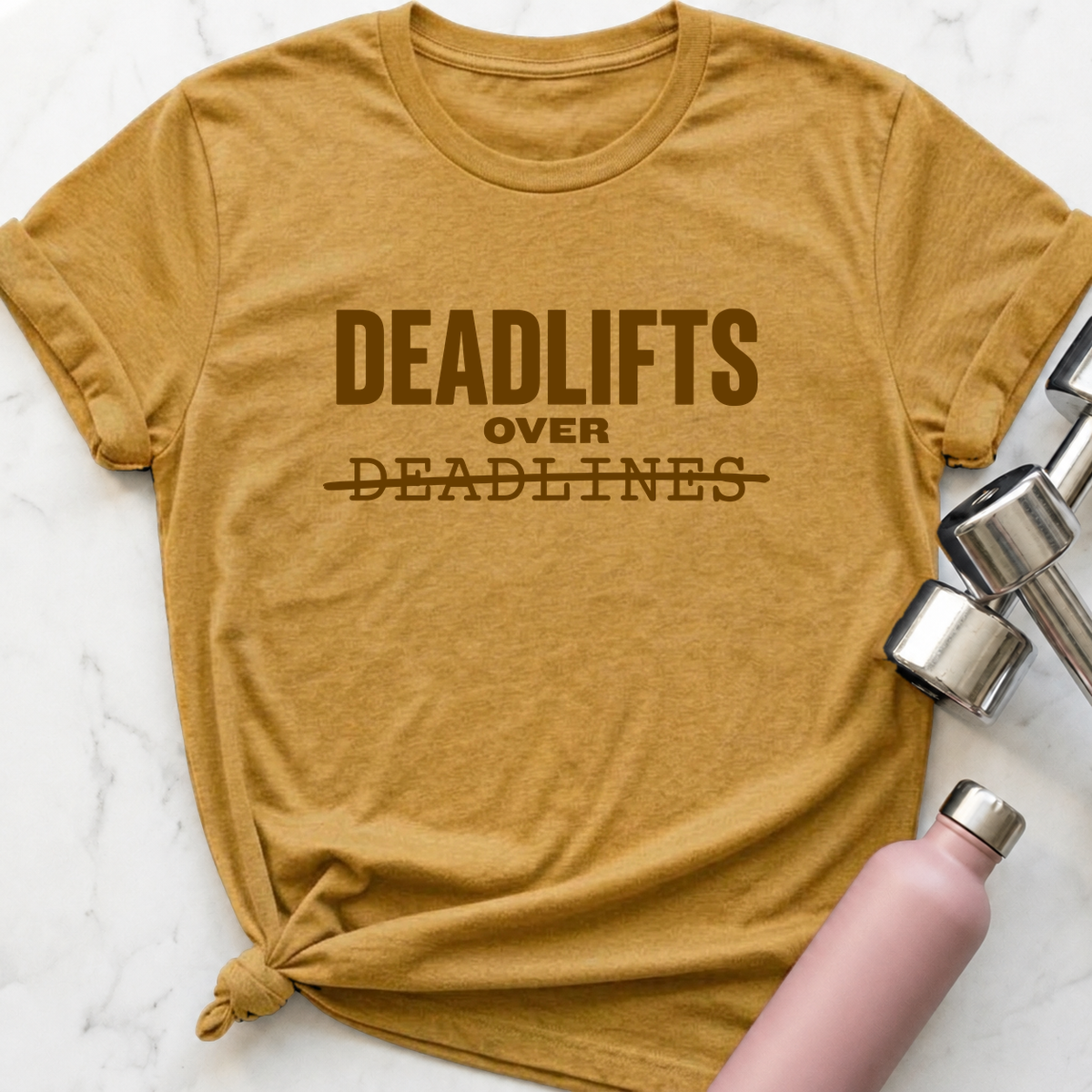Deadlifts Over Deadlines T-Shirt — Heather Mustard