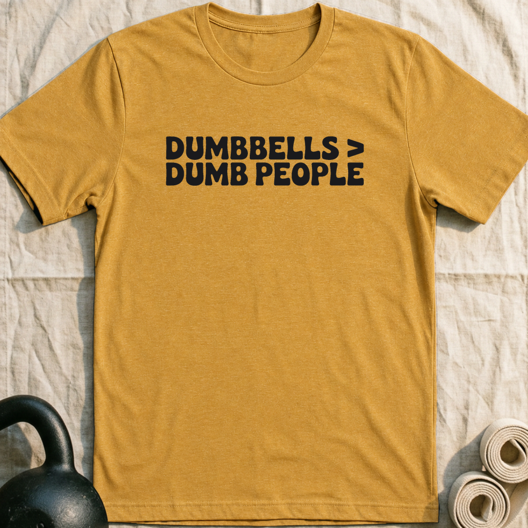 Dumbbells > Dumb People Bold T-Shirt — Heather Mustard