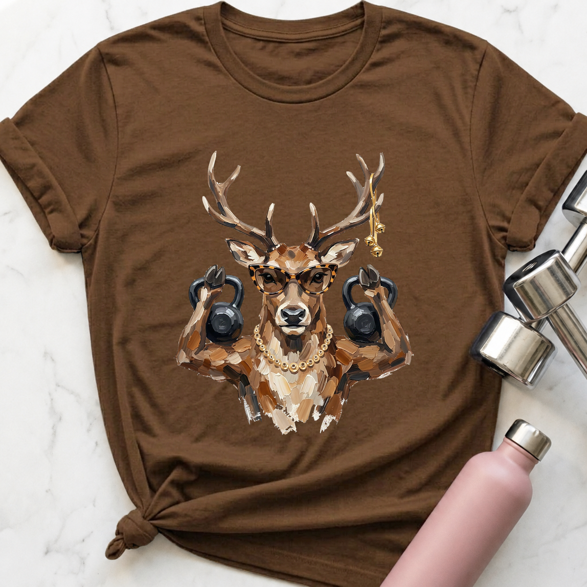 Glam Reindeer Kettlebell T-Shirt — Heather Brown