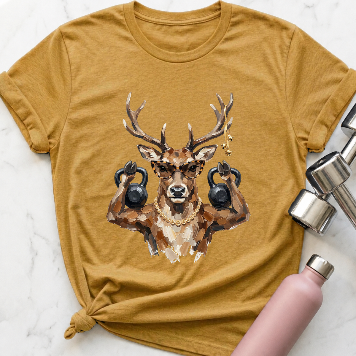 Glam Reindeer Kettlebell T-Shirt — Heather Mustard