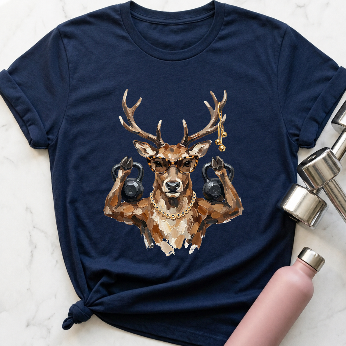 Glam Reindeer Kettlebell T-Shirt — Navy