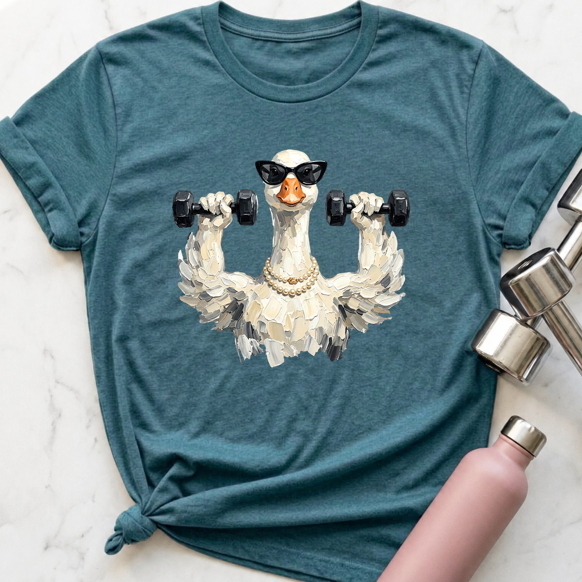 Glam Goose Shoulder Press T-Shirt — Heather Deep Teal