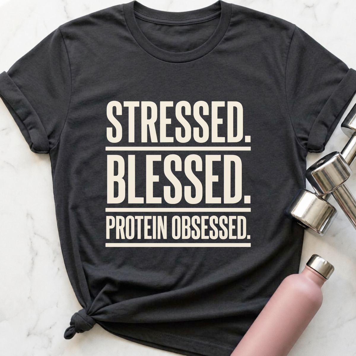 Stressed Blessed Protein Obsessed T-Shirt — Dark Grey Heather