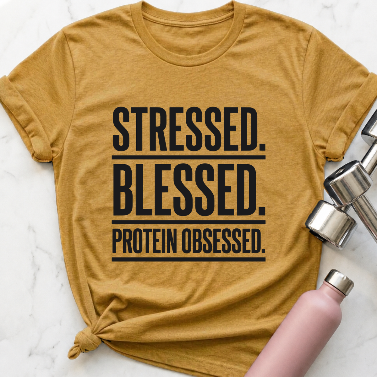 Stressed Blessed Protein Obsessed T-Shirt — Heather Mustard