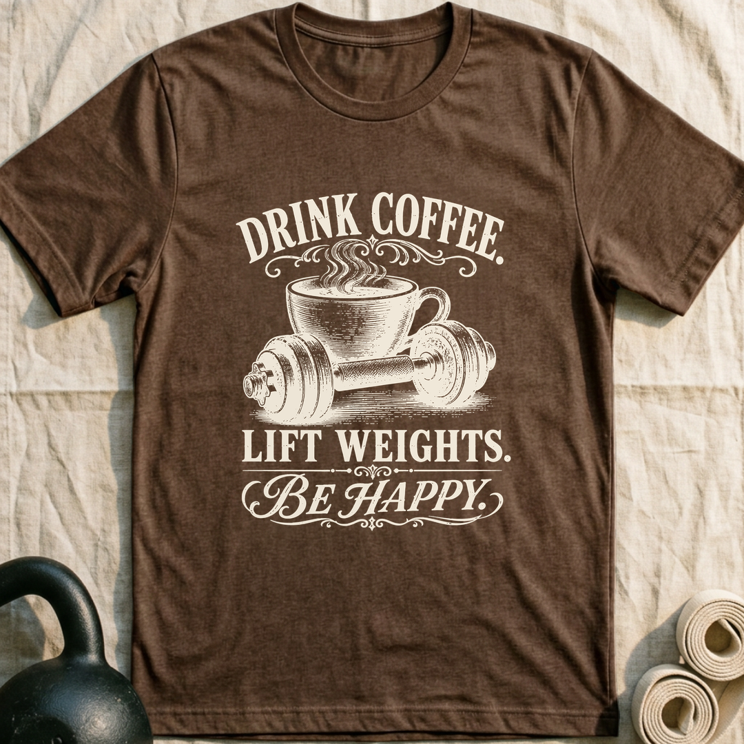 Drink Coffee Be Happy T-Shirt — Heather Brown