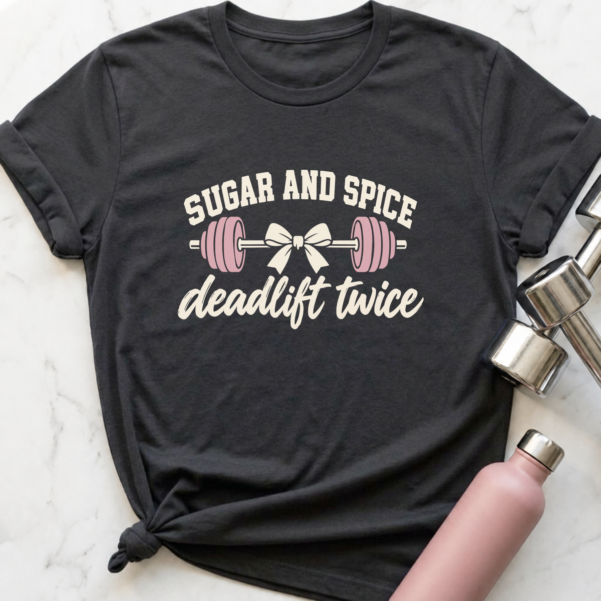 Sugar And Spice Deadlift Twice Bow T-Shirt — Dark Grey Heather