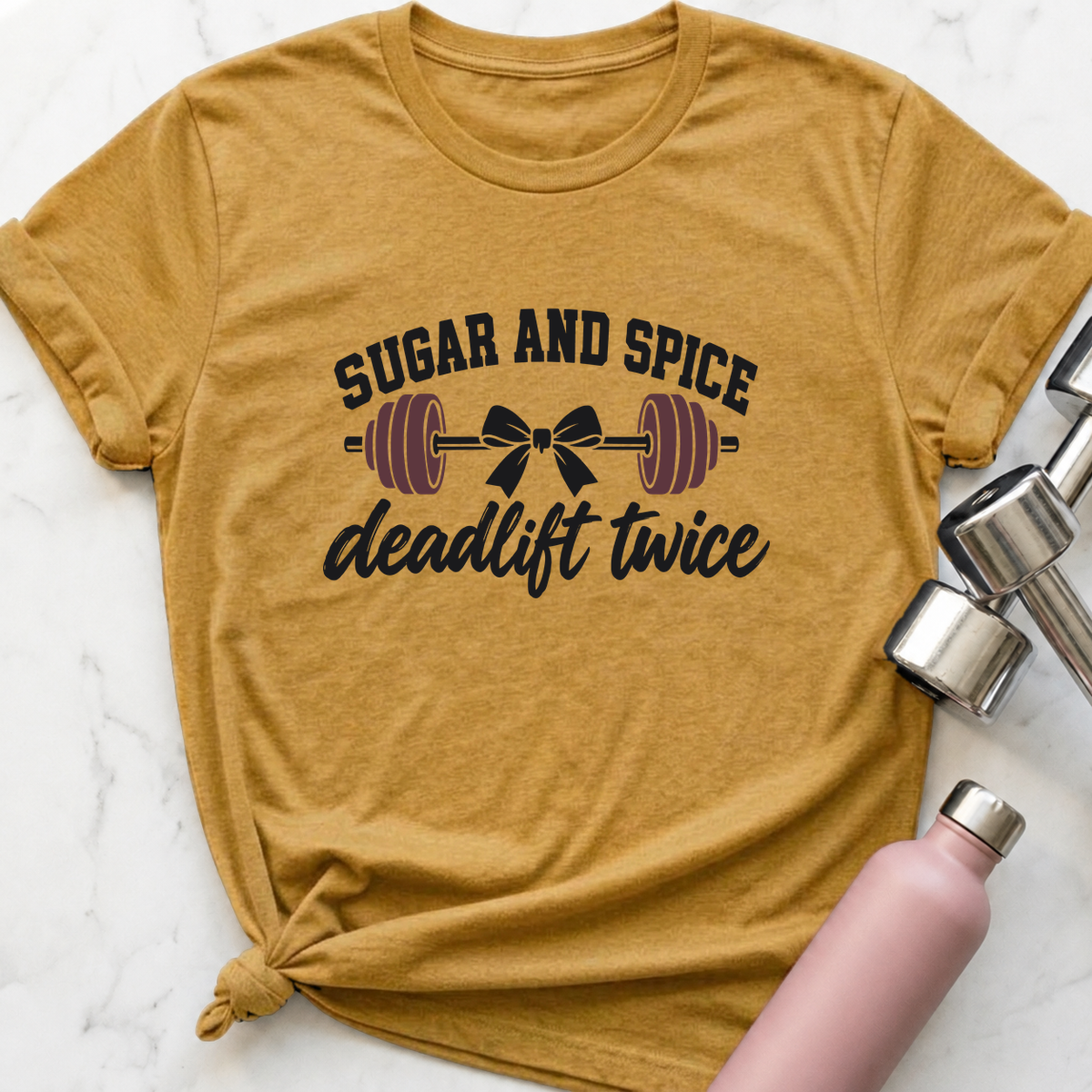 Sugar And Spice Deadlift Twice Bow T-Shirt — Heather Mustard