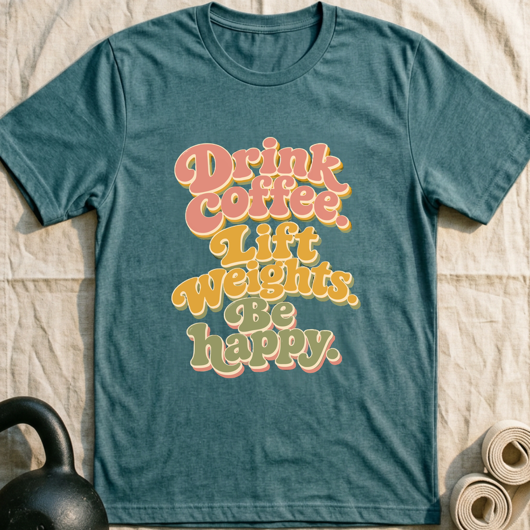 Drink Coffee Lift Weights T-Shirt — Heather Deep Teal