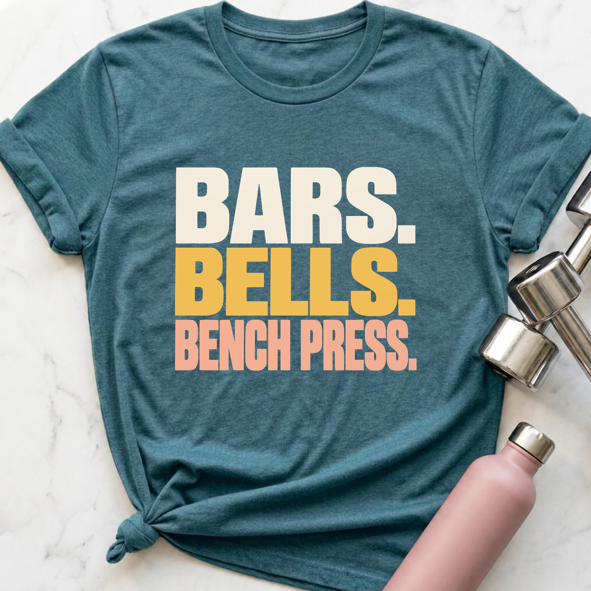 Bars Bells Bench Press T-Shirt — Heather Deep Teal