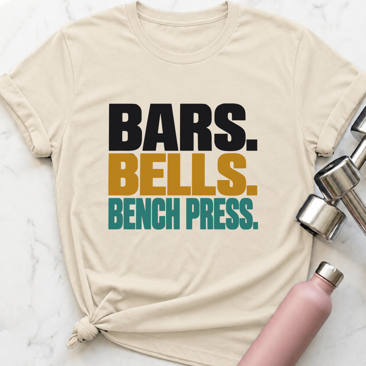 Bars Bells Bench Press T-Shirt — Natural