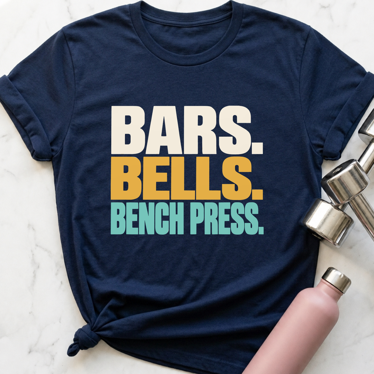 Bars Bells Bench Press T-Shirt — Navy