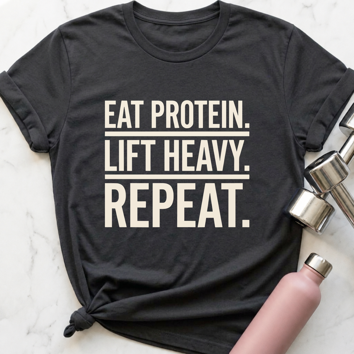 Eat Protein Lift Heavy Repeat T-Shirt — Dark Grey Heather