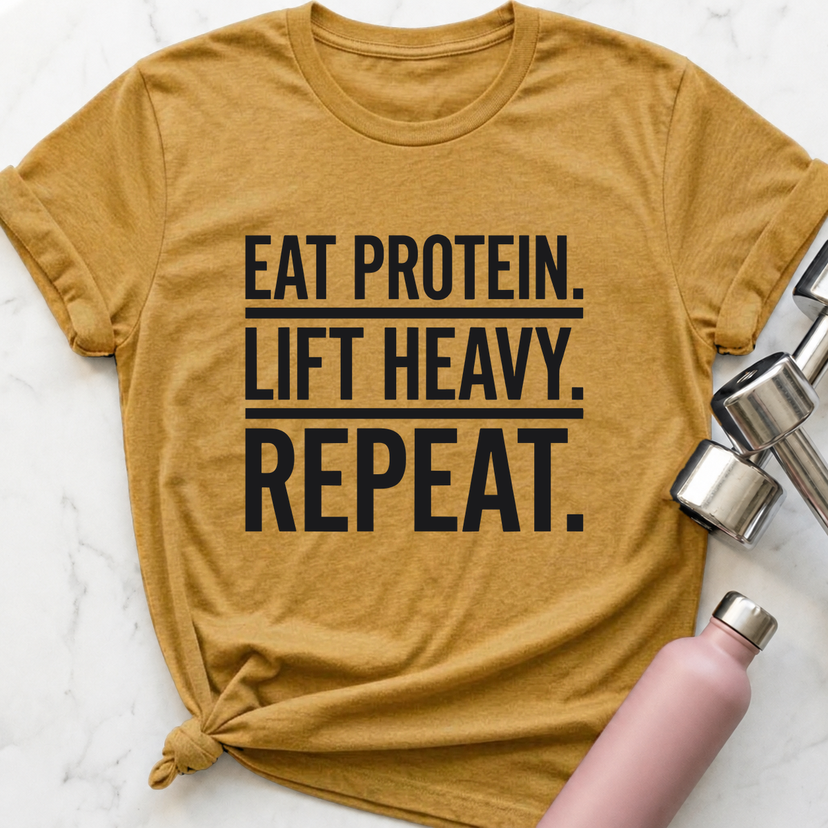 Eat Protein Lift Heavy Repeat T-Shirt — Heather Mustard