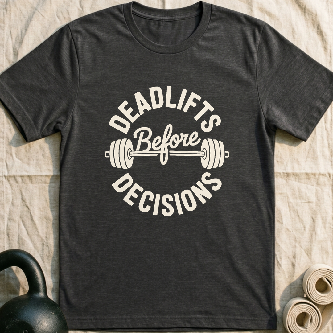 Deadlifts Before Decisions T-Shirt — Dark Grey Heather