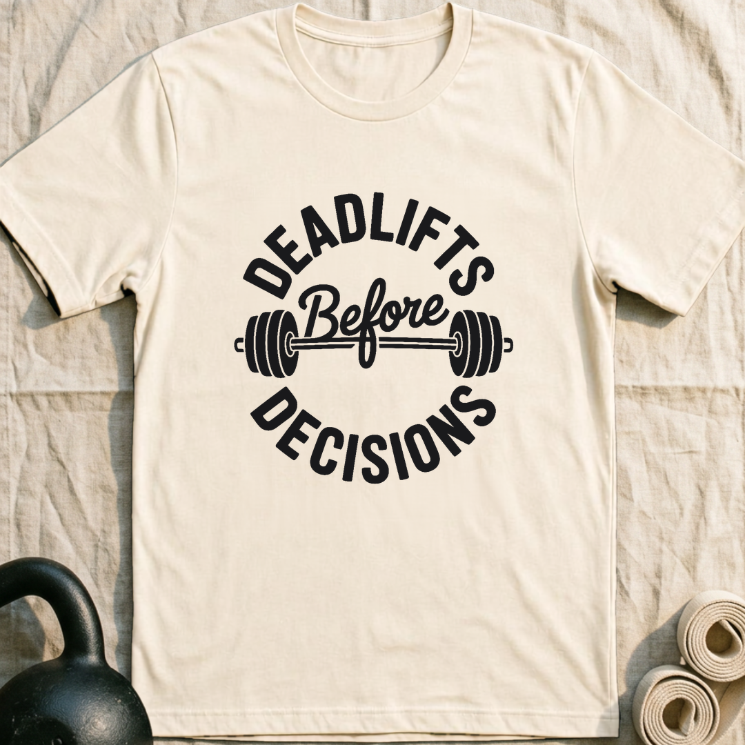 Deadlifts Before Decisions T-Shirt — Natural